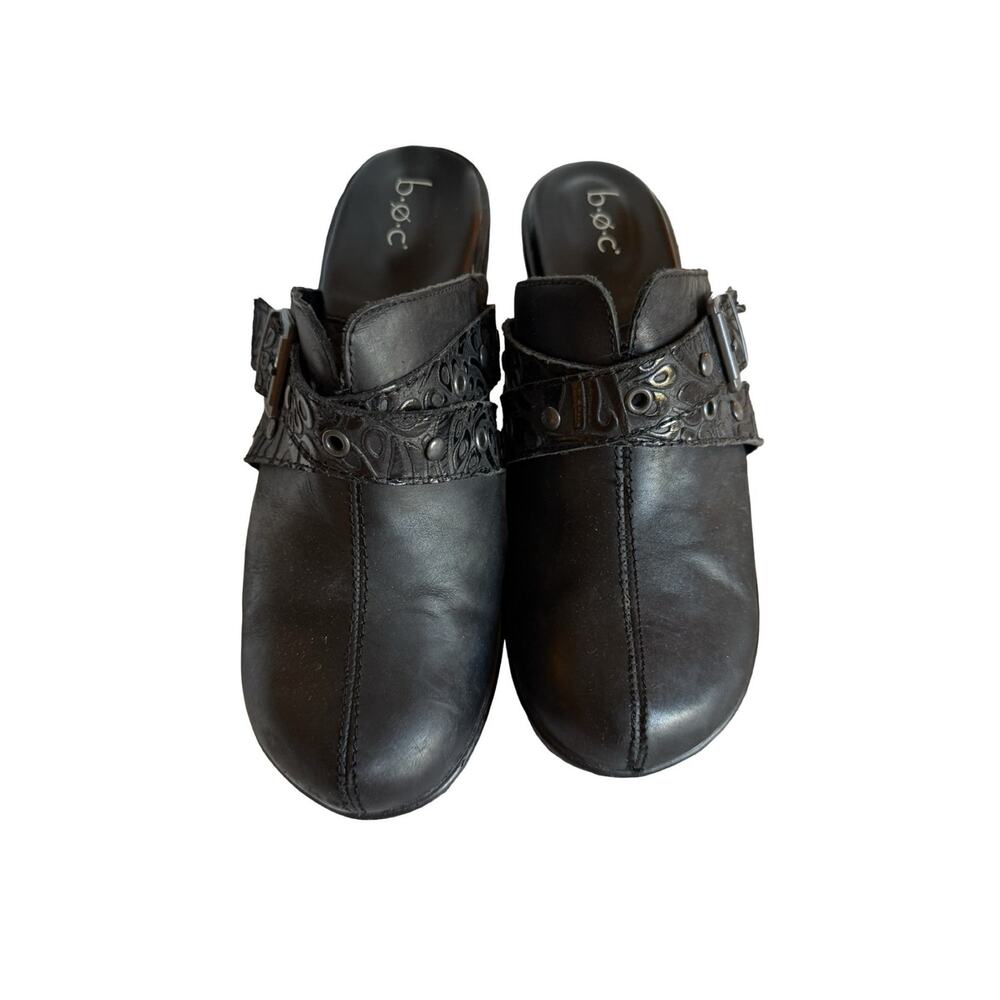 BOC Shoes Womens Size 10 Black Leather Clogs Slip On Boho Western Comfort NWOB